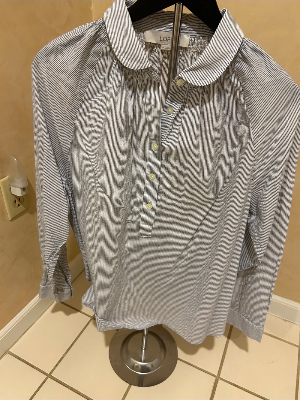 LOFT Blue & White Pinstripe Pullover Shirt with Rounded Collar